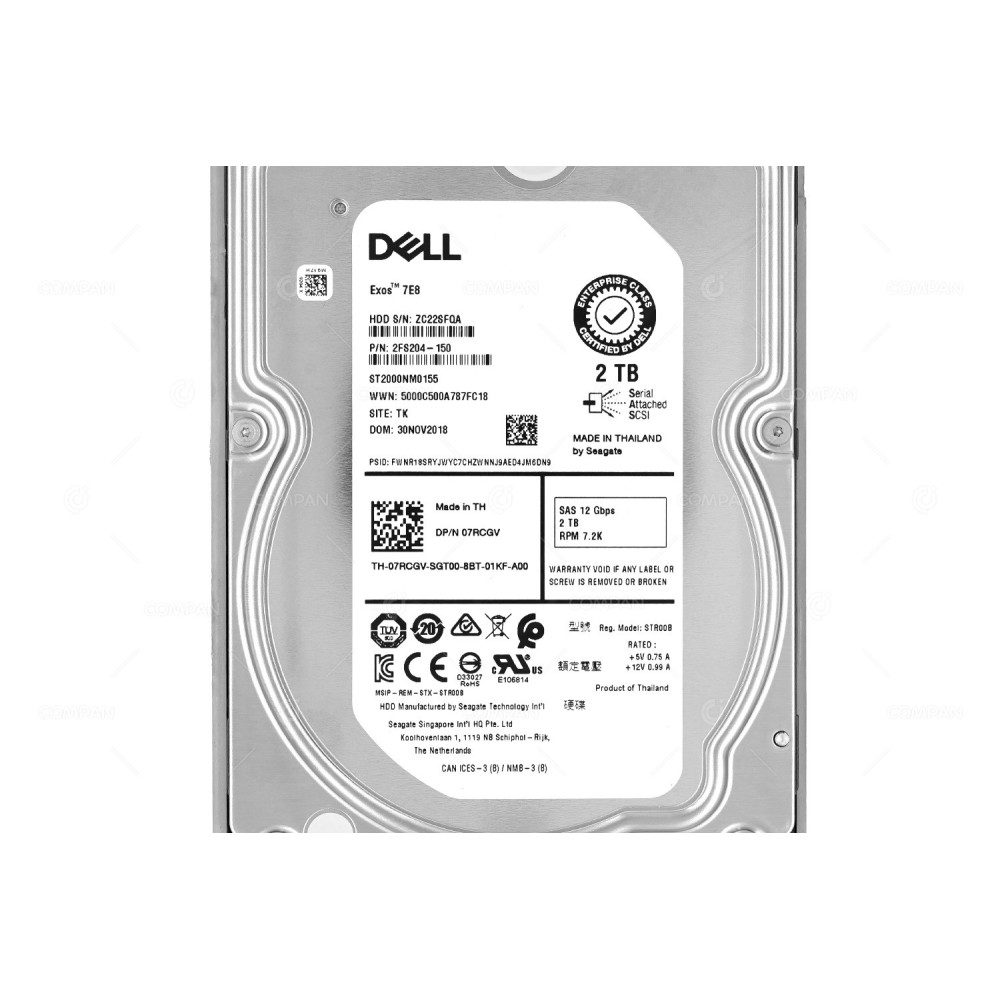 7RCGV  DELL 2TB 7.2K 12G SAS 3.5 LFF HARD DRIVE